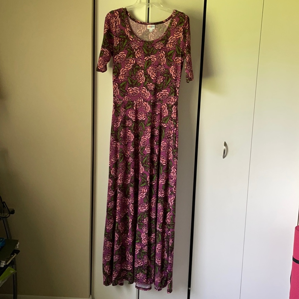 LuLaRoe Pink Floral Maxi Dress with Green Accents